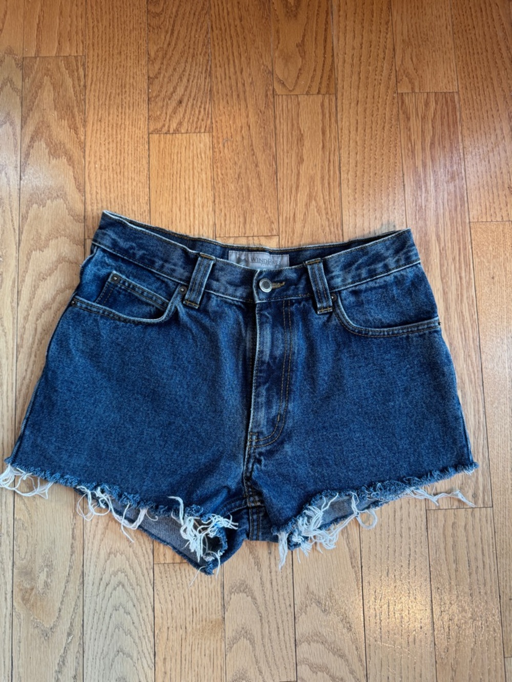 Vintage High-Rise Dark Blue Denim Cutoff Shorts with Frayed Hem